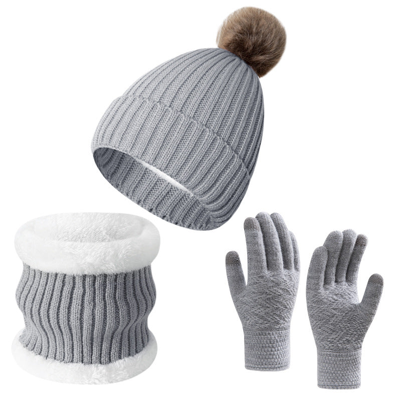 Wholesale Knitted Wool Warm Plus Velvet Thick Winter Scarf Gloves Hat Neck Three-piece Set